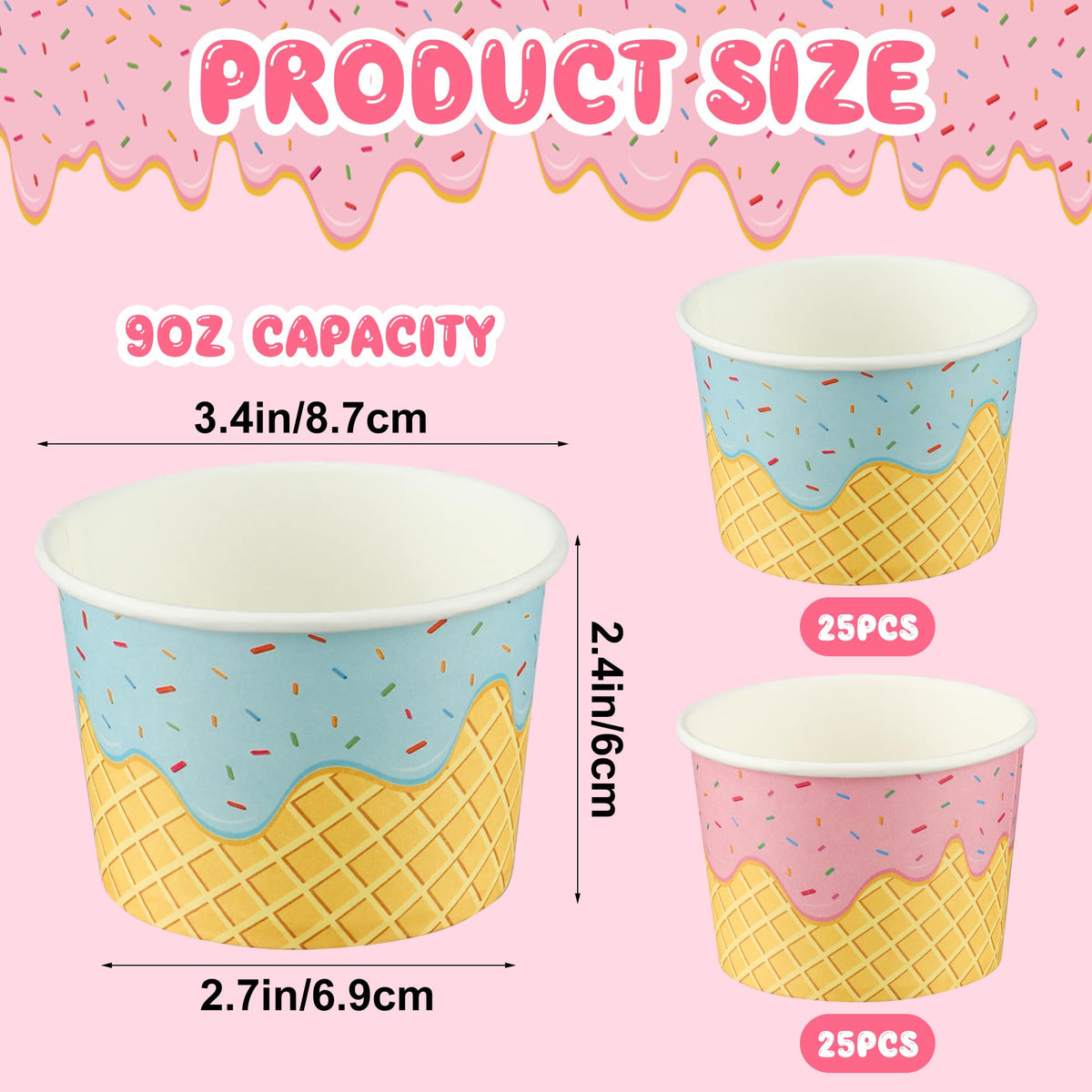 Augisteen 50 Pack Paper Ice Cream Cups 9oz Dessert Paper Bowls Disposable Ice Cream Party Bowls 2 Designs Treat Snack Cups for Hot or Cold Food Sundae Frozen Yogurt Soup Party Supplies