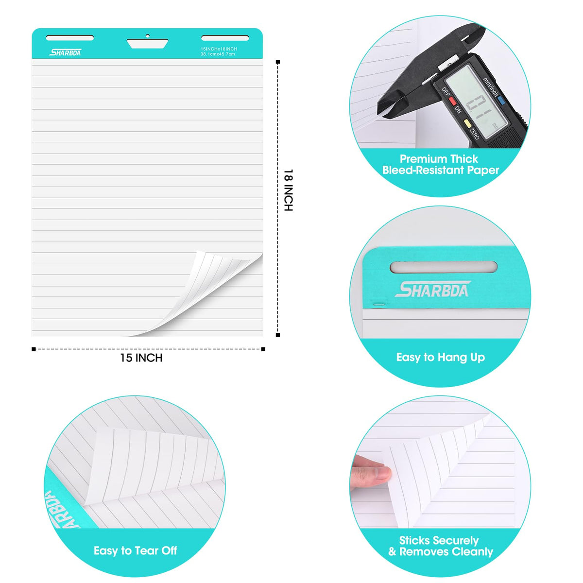 Lined Sticky Easel Pad, 15 * 18 inch,Self-Stick Flip Chart Paper, Super Adhesive & Bleed-Resistant,Micro-Perforated Tear,Classroom Teacher Office Presentation Pads,3 Pads/Pack,90Sheets