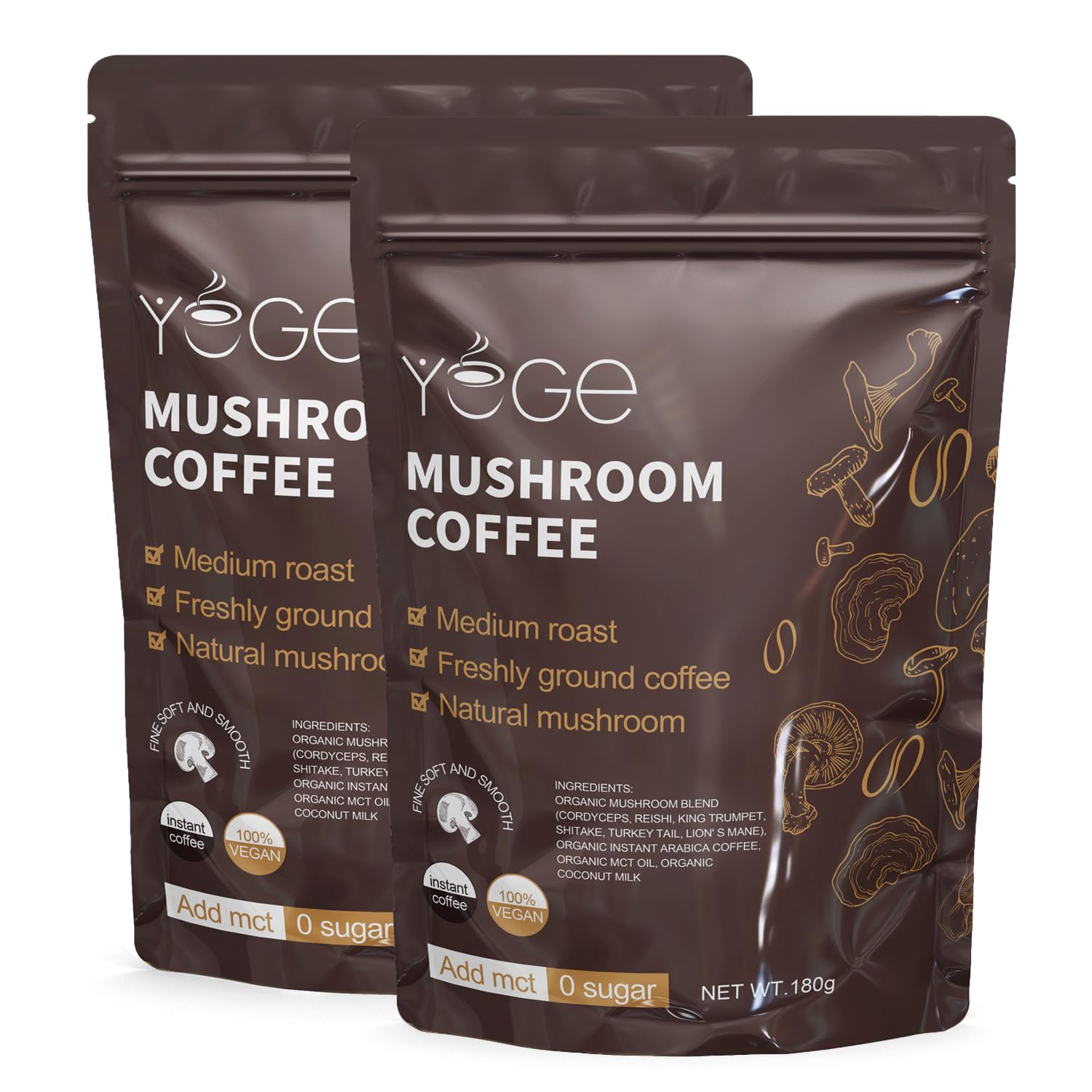 Mushroom Coffee, Instant Mushroom Coffee with Cordyceps, Reishi, King Trumpet, Shiitake, Turkey Tail, Lions Mane for Energy, Focus, Positive Mood & Immune Support (30 Servings)