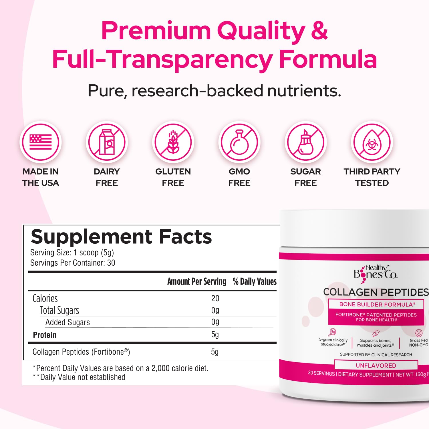 Collagen Peptides Powder, FORTIBONE®, Hydrolyzed, Gluten Free, 30 Servings | Bone Builder Hydrolyzed Collagen Powder For Women And Men, Dairy Free, Unflavored For Coffee, Smoothies Or Water Daily