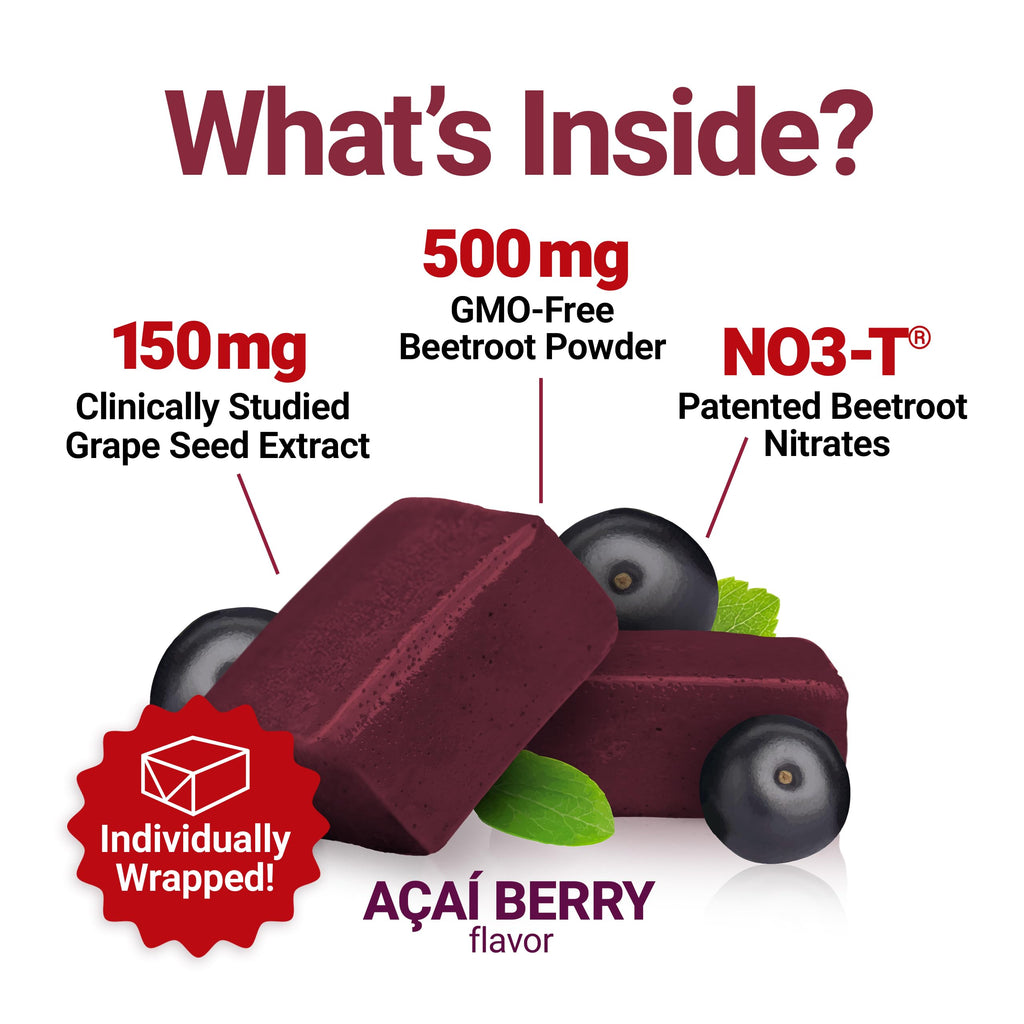 Force Factor Total Beets Blood Pressure Support & Nitric Oxide Supplement | with Beet Root Powder & Grape Seed Extract for Heart Health, Acai Berry Flavor, 120 Beet Chews, 2-Pack