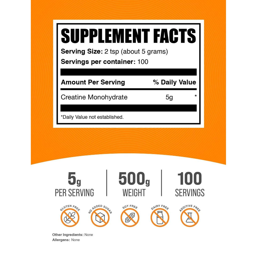 BulkSupplements.com Creatine Monohydrate Powder - Micronized Creatine Powder, Unflavored - Pure & Gluten Free, 5g per Serving, 500g (1.1 lbs) (Pack of 1)