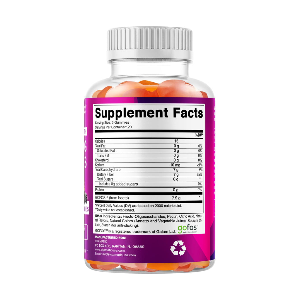 Vitamatic Prebiotic Fiber Gummies for Adults – 7g Fiber per Serving – 60 Pectin-Based Gummies Extra Strength, Zero Sugar Added – Supports Digestive Health & Regularity – Non-GMO, Vegan, Gluten-Free