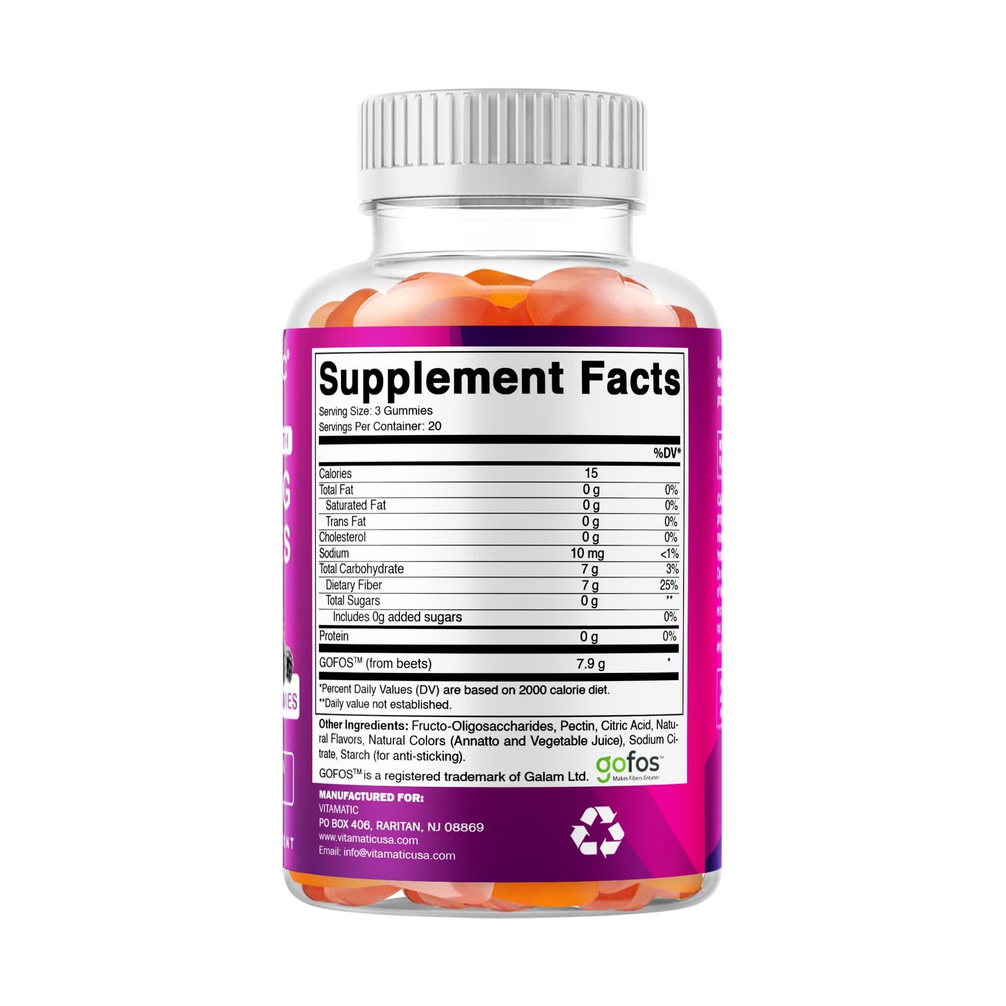 Vitamatic Prebiotic Fiber Gummies for Adults – 7g Fiber per Serving – 60 Pectin-Based Gummies Extra Strength, Zero Sugar Added – Supports Digestive Health & Regularity – Non-GMO, Vegan, Gluten-Free