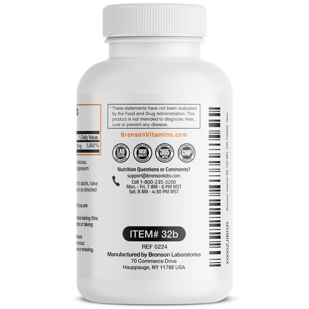 Bronson Vitamin B6 100mg Premium Vitamin B6 Supplement, 250 Tablets