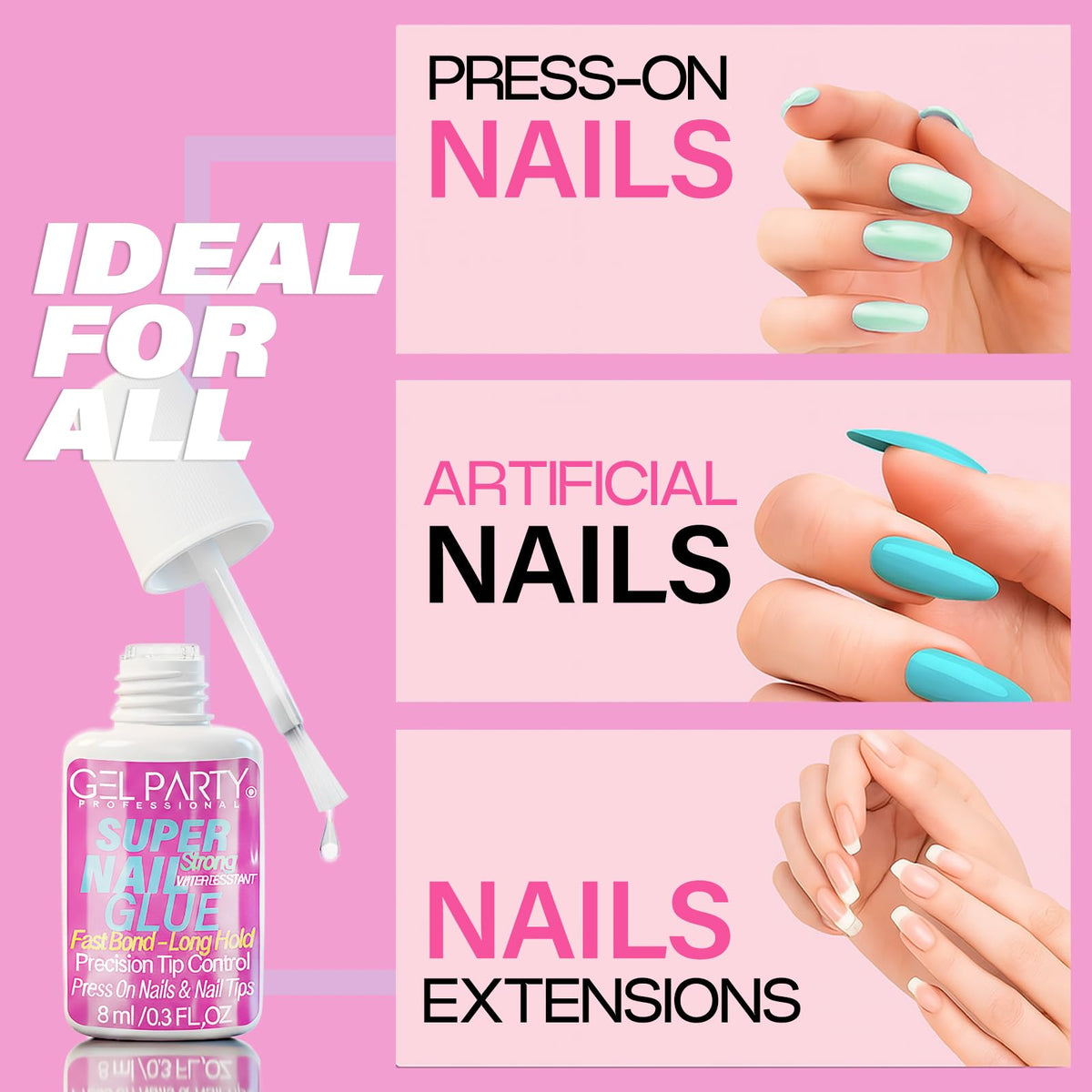 GELPARTY 8ml Brush-On Nail Glue for Press On Nails & Tips, Quick Dry