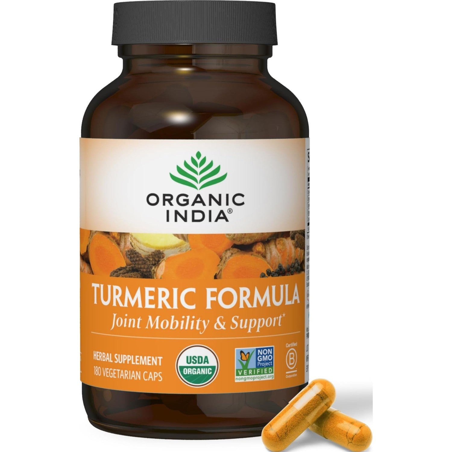 ORGANIC INDIA Turmeric Curcumin with Black Pepper - Organic Turmeric Supplement and Curcumin Supplement, Turmeric Capsules, Joint Support & Immune System Support, Whole Root, Trikatu - 180 Capsules
