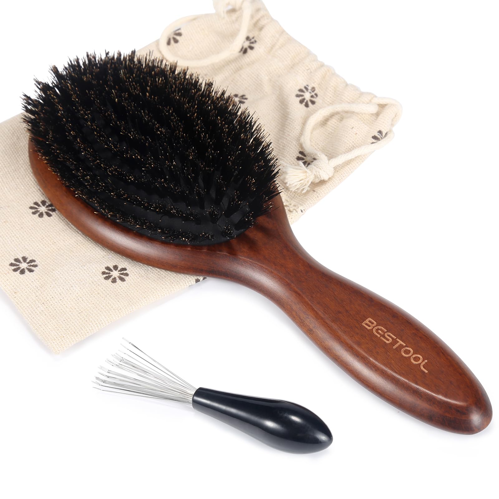 BESTOOL Hair Brush-Boar Bristle Hair Brushes Natural Bamboo Wooden Cushion Massage Anti Static Large Paddle Hairbrush for Women Men and Kid (Round)