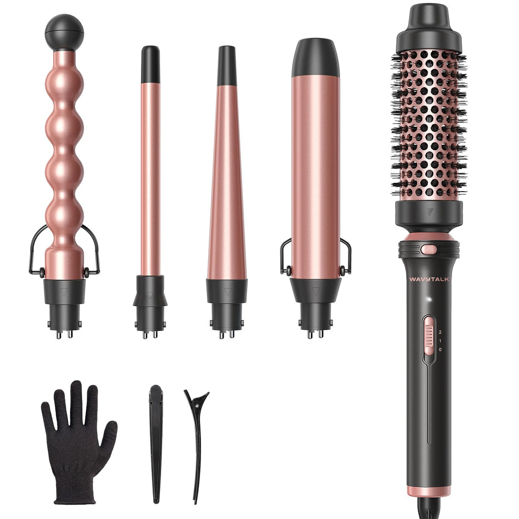 Wavytalk 5 in 1 Curling Iron Set with Heated Round Brush for Blowout Look | 4 Interchangeable Curling Iron(0.5”-1.25"), Ceramic-Coated Barrels for Smooth Glide,Less Damage,Dual Voltage Hair Curler