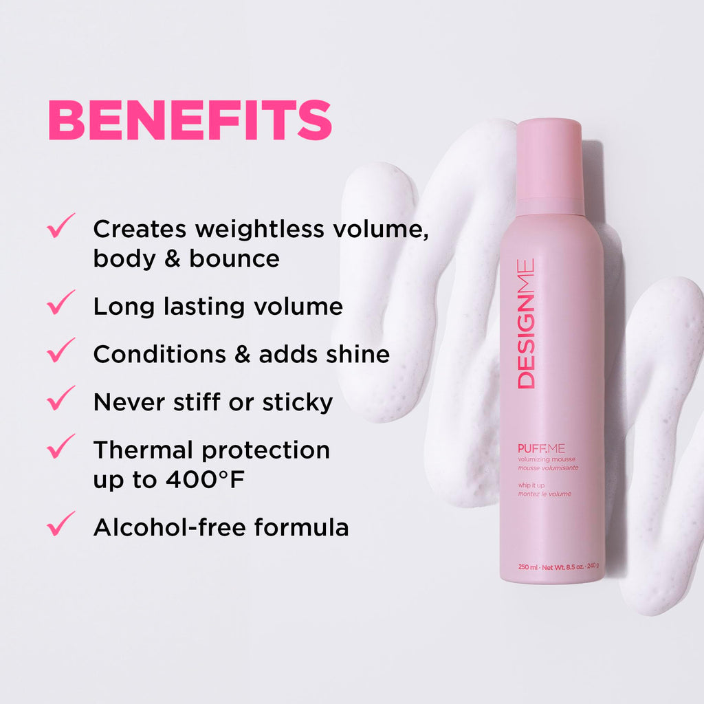 Design.Me PUFF.ME Hair Volumizing Mousse | Lightweight & Flexible Hold Mousse for Curls, Waves, or Straight Hair | Sulfate & Paraben-Free Volumizer for Fine Strands with Vitamins B5 & E, 250mL
