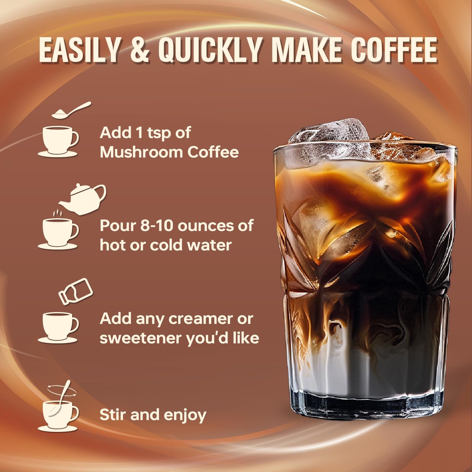 Mushroom Coffee, Instant Mushroom Coffee Powder with 6 Adaptogenic Mushrooms (Cordyceps, Lion’s Mane, Shiitake, Turkey Tail) and MCT Oil for Better Energy, Focus, Immune Support - 30 Servings