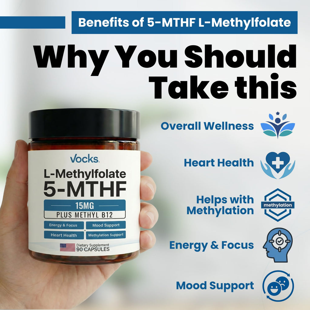 Vocks L Methylfolate 15mg | 5-MTHF + Methyl B12 | High Potency Methylfolate Supplement | Active Methylated Folate Vitamin B9 | MTHFR Supplement| Folate Supplement for Women & Men | 90 Capsules