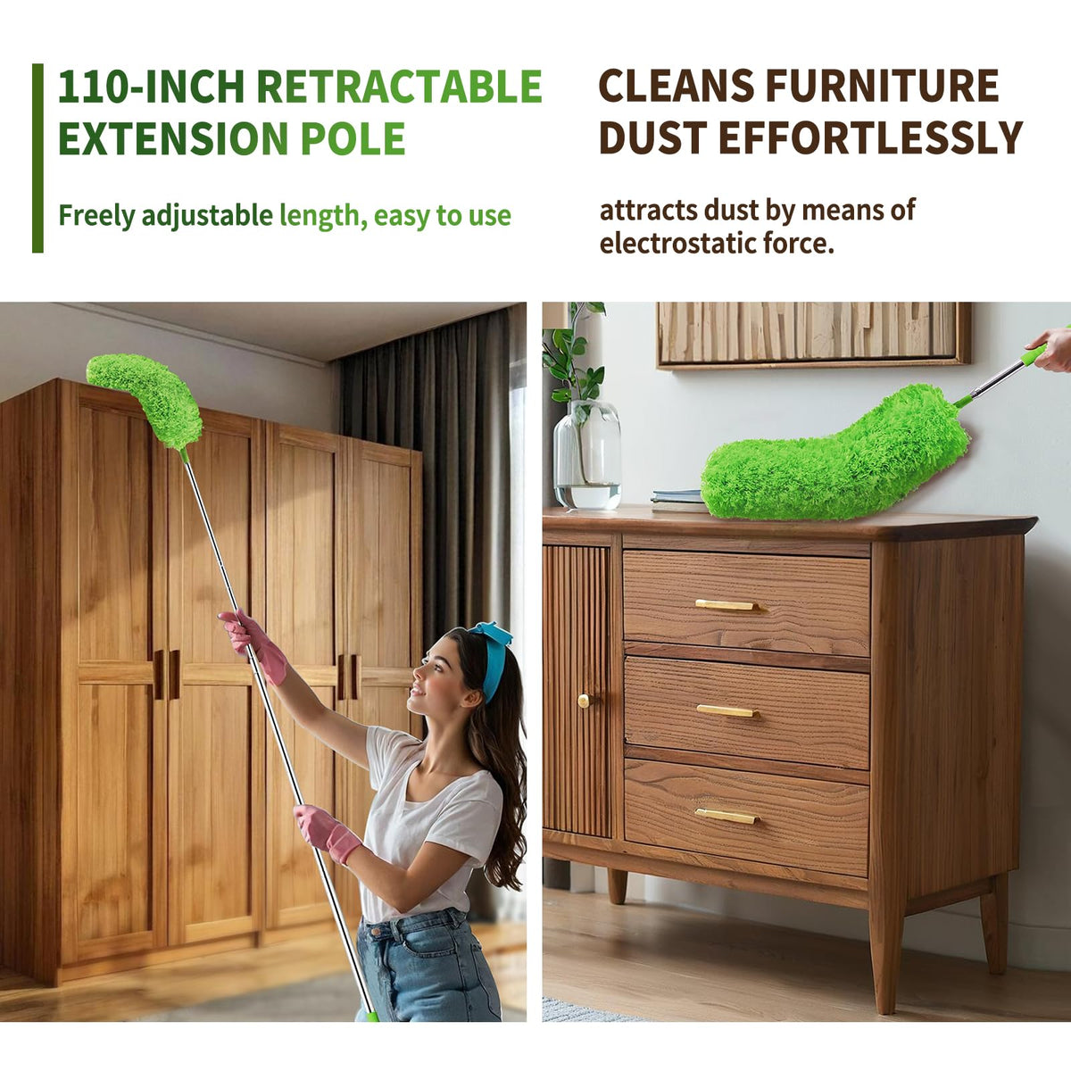 Cobweb Duster with Extension Pole, Washable Cleaning Duster Set with 2 Duster Heads, 15-110-Inch Telescoping Pole for high Ceiling Fans, Long Duster for high Ceilings，Spider Web Brush，Corner Brush