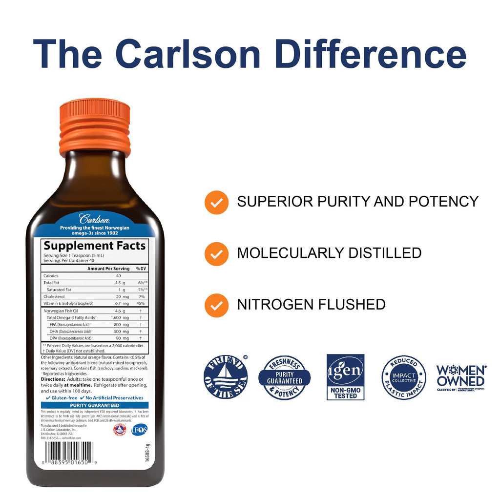 Carlson The Very Finest Fish Oil, 1600 mg, Omega-3s, 200 mL (6.7 Fl Oz) | Orange; Liquid Fish Oil Supplement; Norwegian Fish Oil; Wild-Caught; Sustainably Sourced Fish Oil Liquid