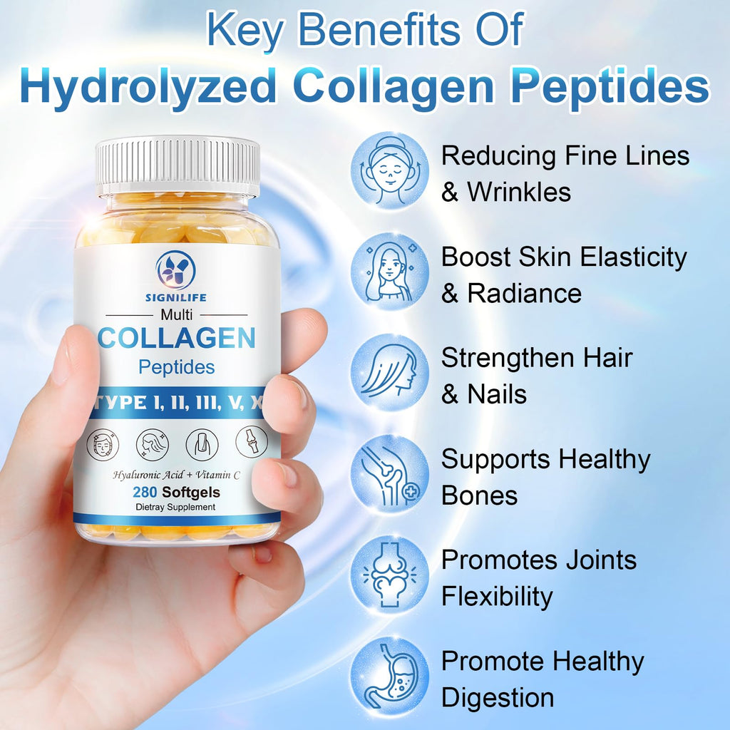 Multi Collagen Peptides for Women & Men-Type I, II, III, V, X | Hydrolyzed Collagen Peptides- with Hyaluronic Acid,Vitamin C,Biotin,Supports Skin Hair Nail, Non-GMO,280 Softgels