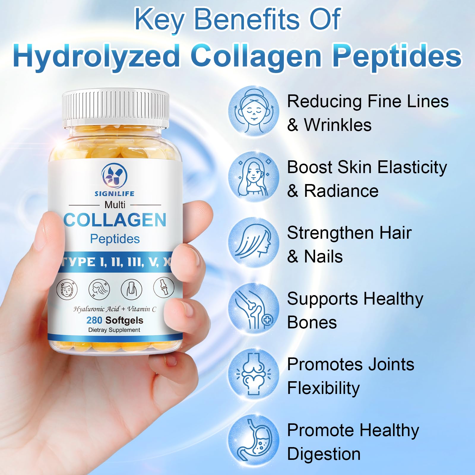 Multi Collagen Peptides for Women & Men-Type I, II, III, V, X | Hydrolyzed Collagen Peptides- with Hyaluronic Acid,Vitamin C,Biotin,Supports Skin Hair Nail, Non-GMO,280 Softgels
