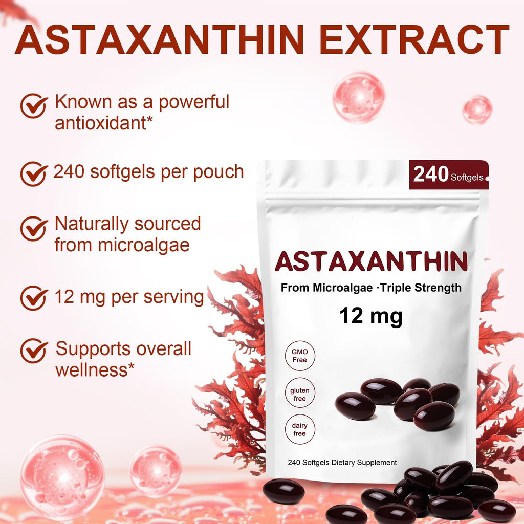Astaxanthin 12mg Antioxidant Supplements, 240 Softgels