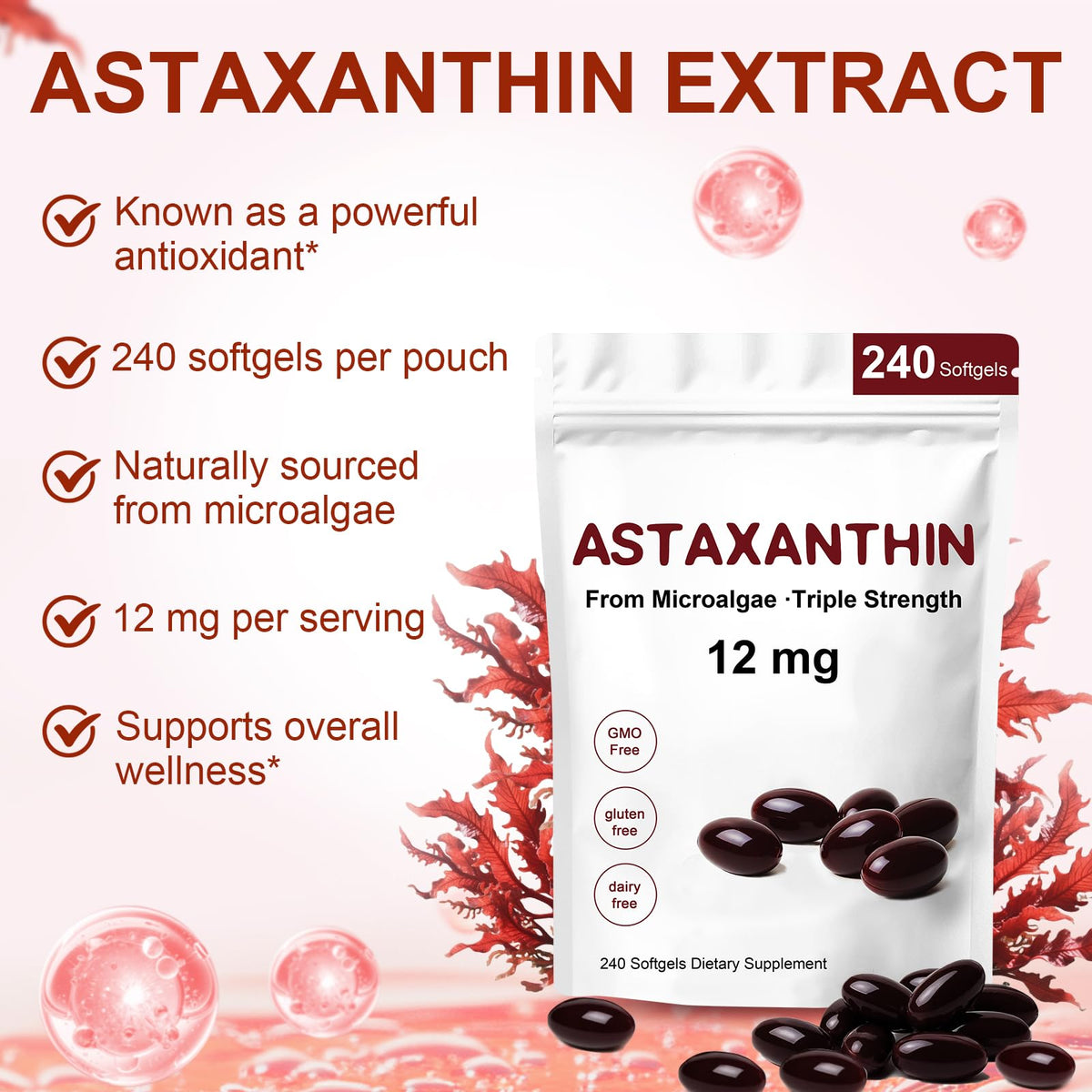 Astaxanthin 12mg Antioxidant Supplements, 240 Softgels