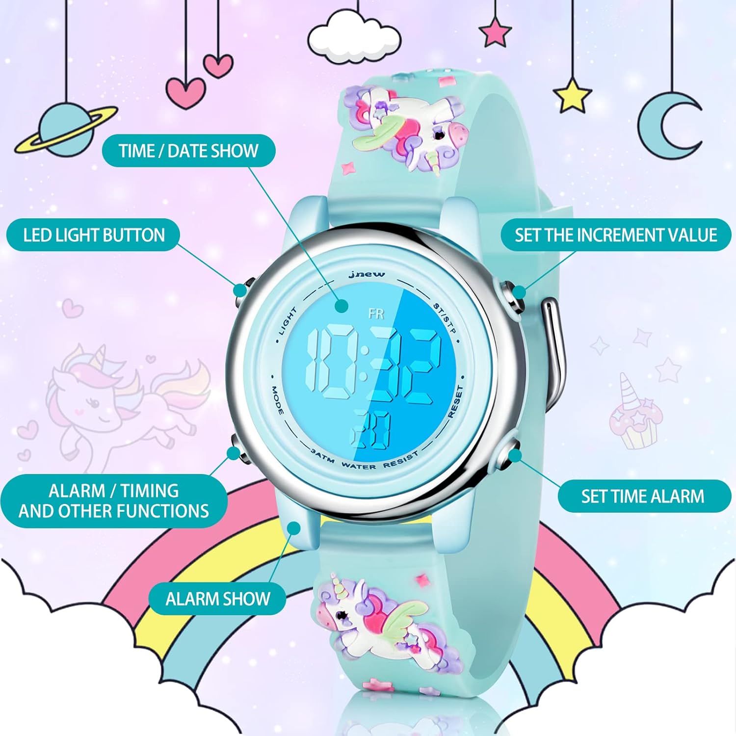 Buy now Yaomiao 3 Pieces Kids Unicorn Digital Sport Watches and Bracelets,7 Color Lights, Alarm, Stopwatch, 3D Waterproof Watch Gift for Girls 3-10 Years Old at indiglob india