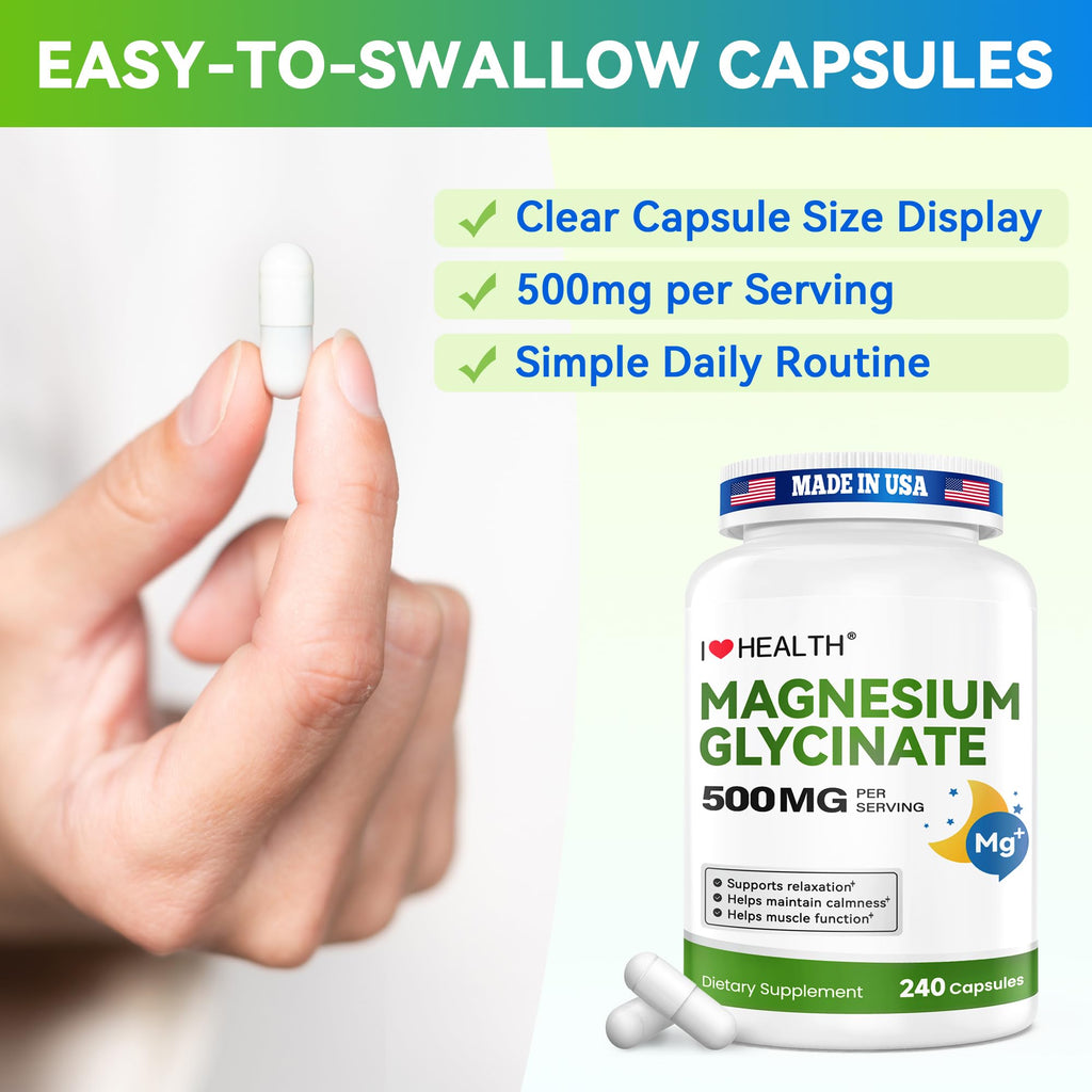 Magnesium Glycinate 500mg per Capsule – 240 Capsules – High Absorption Magnesium Supplement for Relaxation, Calmness & Muscle Support – Gentle on Stomach – Made in USA