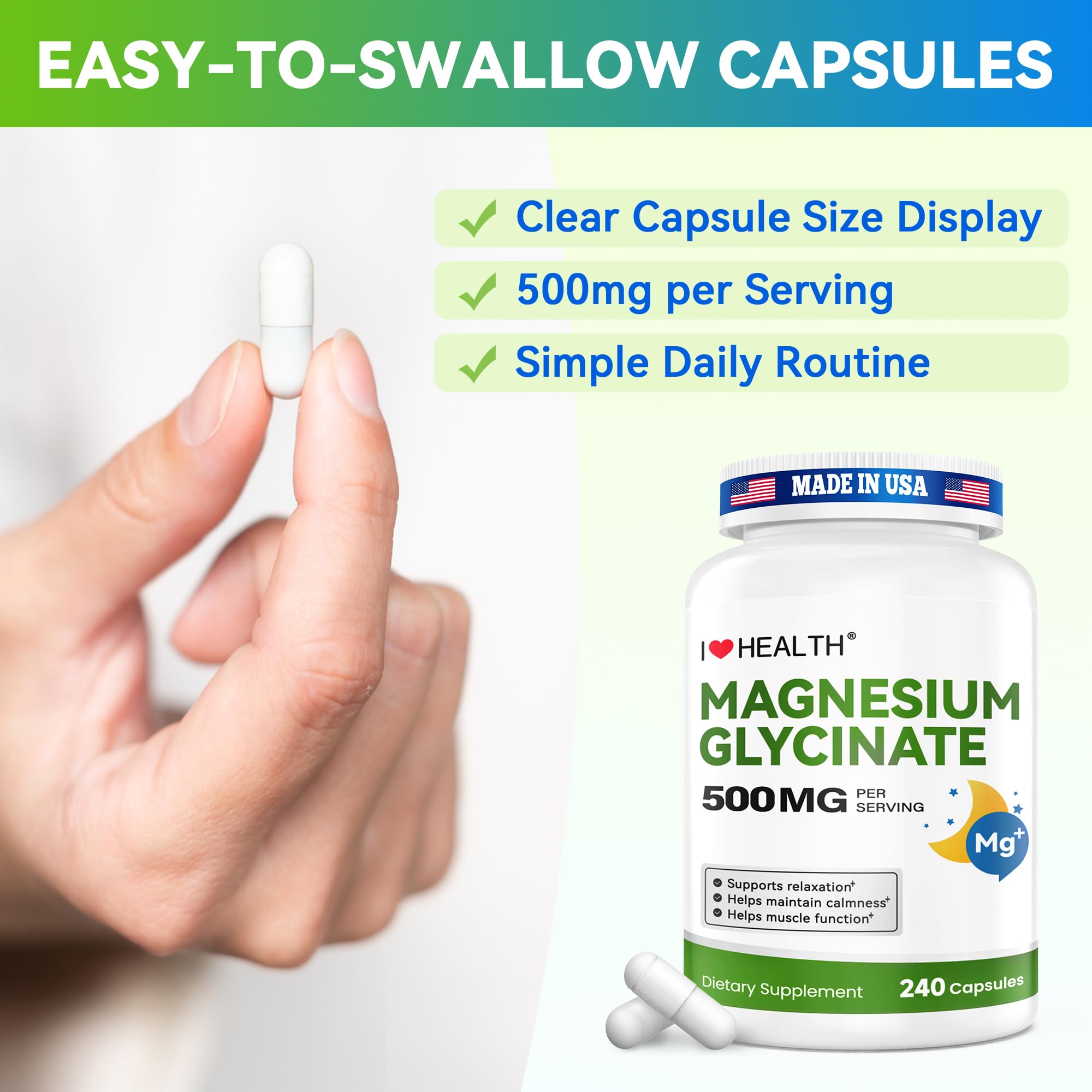Magnesium Glycinate 500mg per Capsule – 240 Capsules – High Absorption Magnesium Supplement for Relaxation, Calmness & Muscle Support – Gentle on Stomach – Made in USA