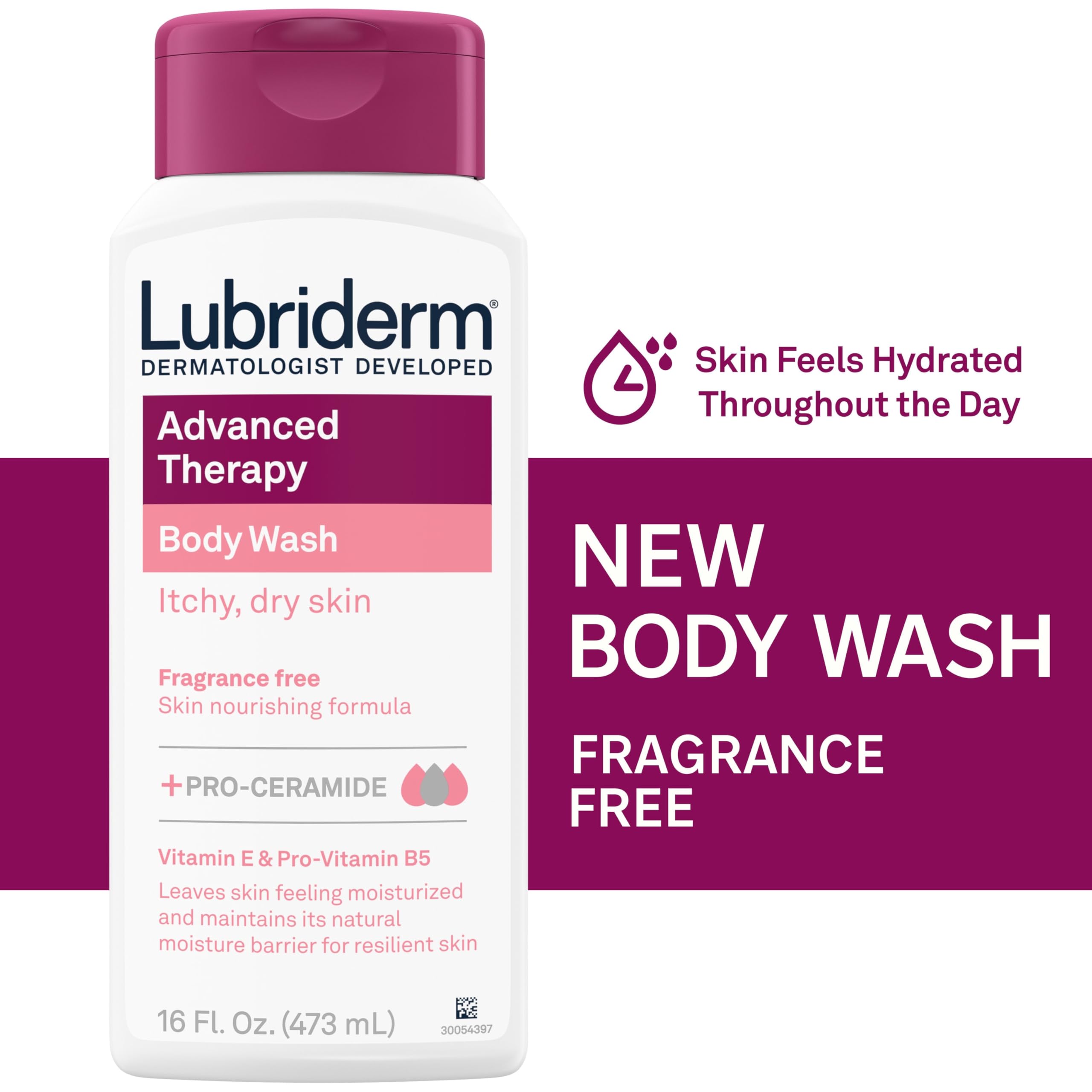 Lubriderm Advanced Therapy Unscented Body Wash, Vitamin E, 16 fl. Oz | Pro-Ceramide, Vitamin E & Pro-Vitamin B5, Gently Cleanses Itchy Dry Skin, Fragrance Free, Hypoallergenic