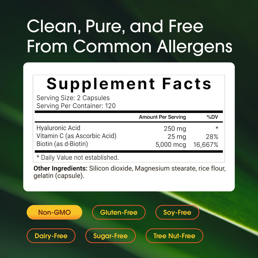 NatureBell Hyaluronic Acid 250mg - 240 Capsules - 250mg Hyaluronic Acid for Skin* - 5000mcg Biotin for Hair Growth* - 25 mg Vitamin C - Supports Bone, Eye & Joint Health*
