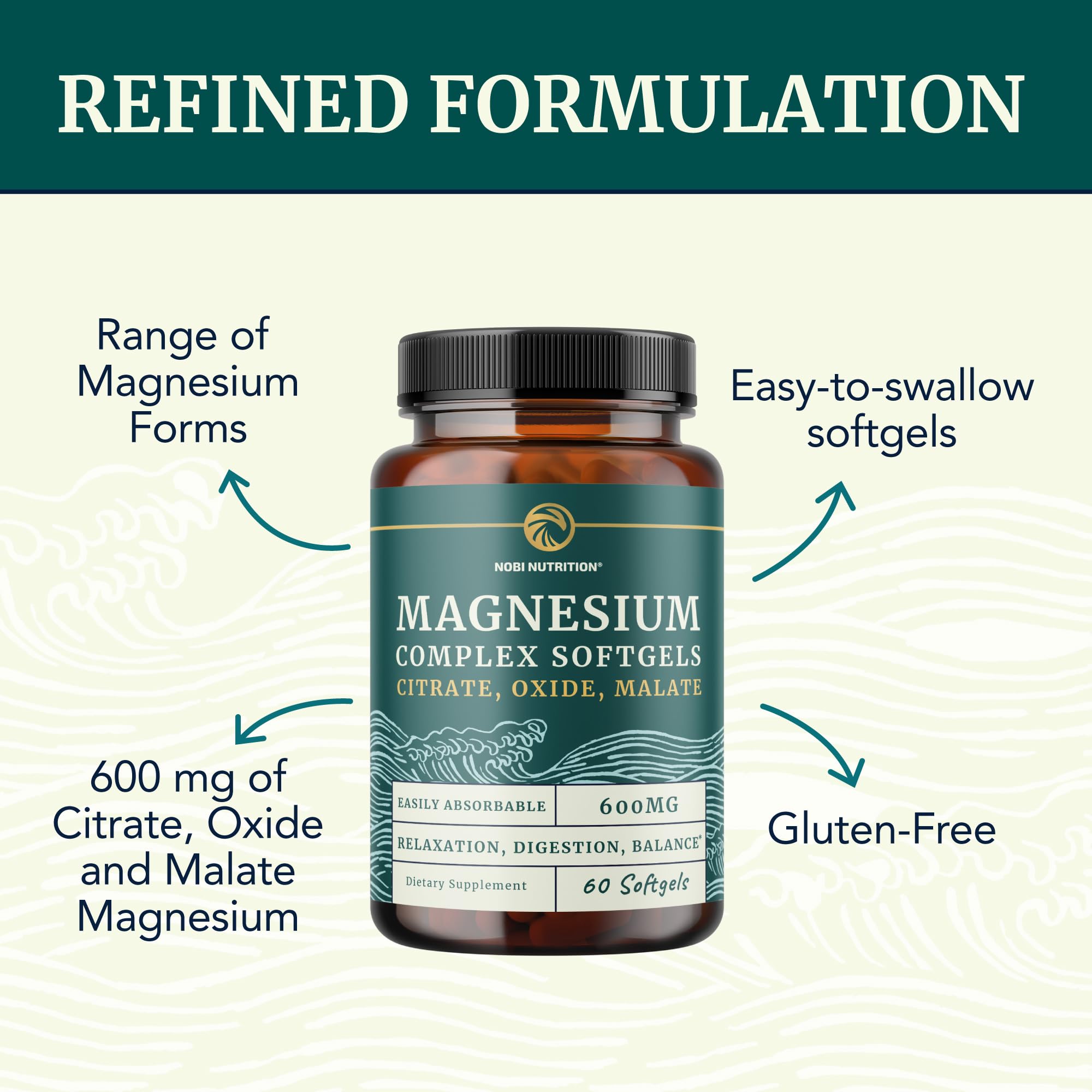 Triple Magnesium Softgels, Citrate Malate & Oxide, Highly Absorbable, 60 Ct | Magnesium Supplement for Digestion, Calm, Relaxation, Leg Cramps & Sleep Support, 600mg Complex, Easy to Swallow, 60 Softgels