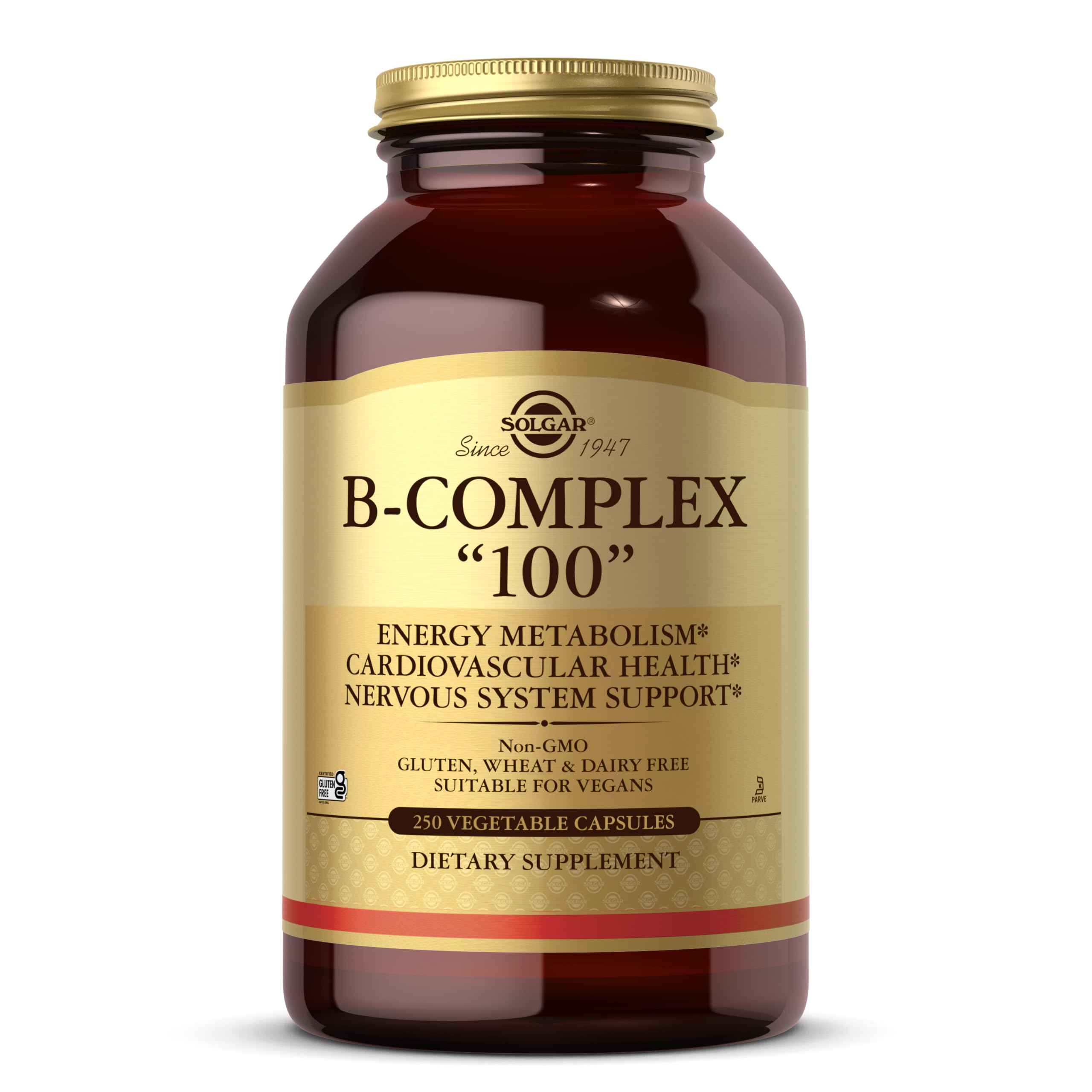 Solgar B-Complex "100", 100 Vegetable Capsules - Nervous System Support - Supports Energy Metabolism - Non-GMO, Vegan, Gluten Free, Dairy Free, Kosher - 100 Servings