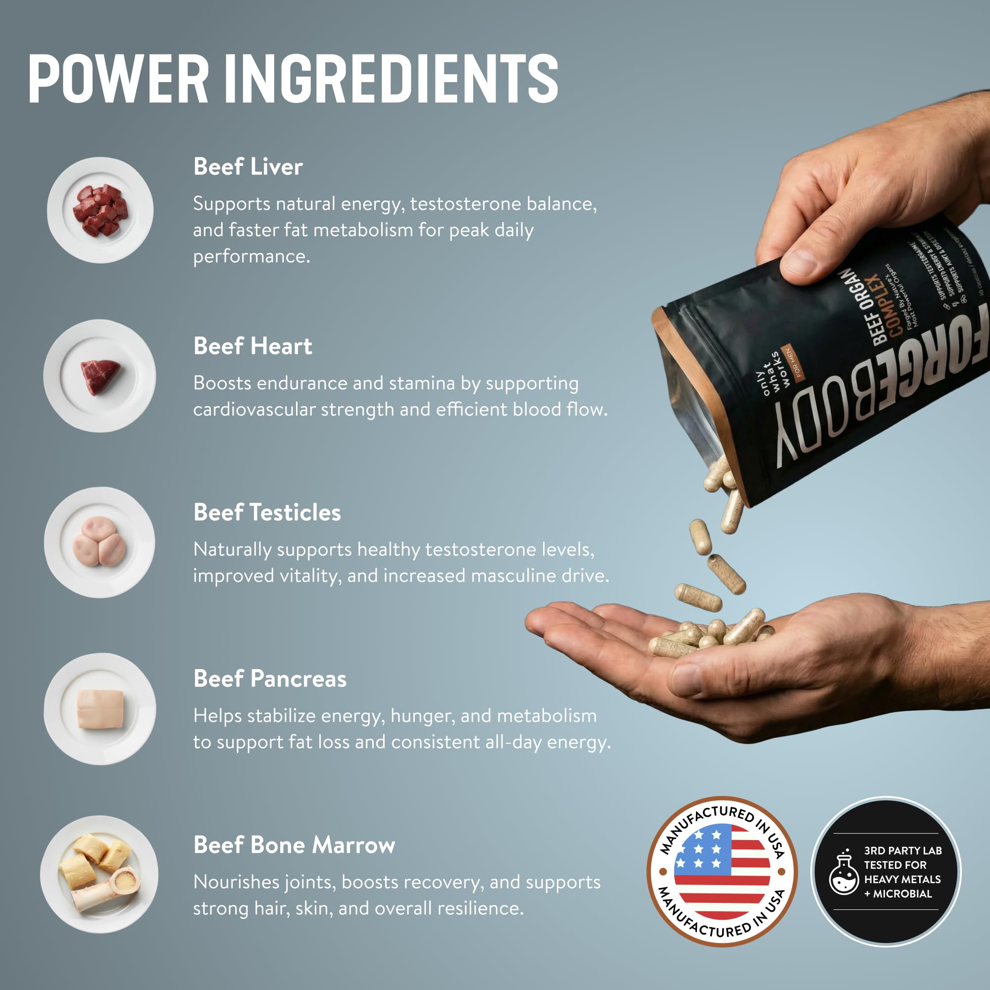 Forgebody Beef Liver & Organ Complex Supplement, Grass-Fed Liver, Heart, Bone Marrow, Pancreas, Testicles Ancestral Nutrition for Athletes and Active Men, Supports Energy + Recovery + Brain, 1 Month