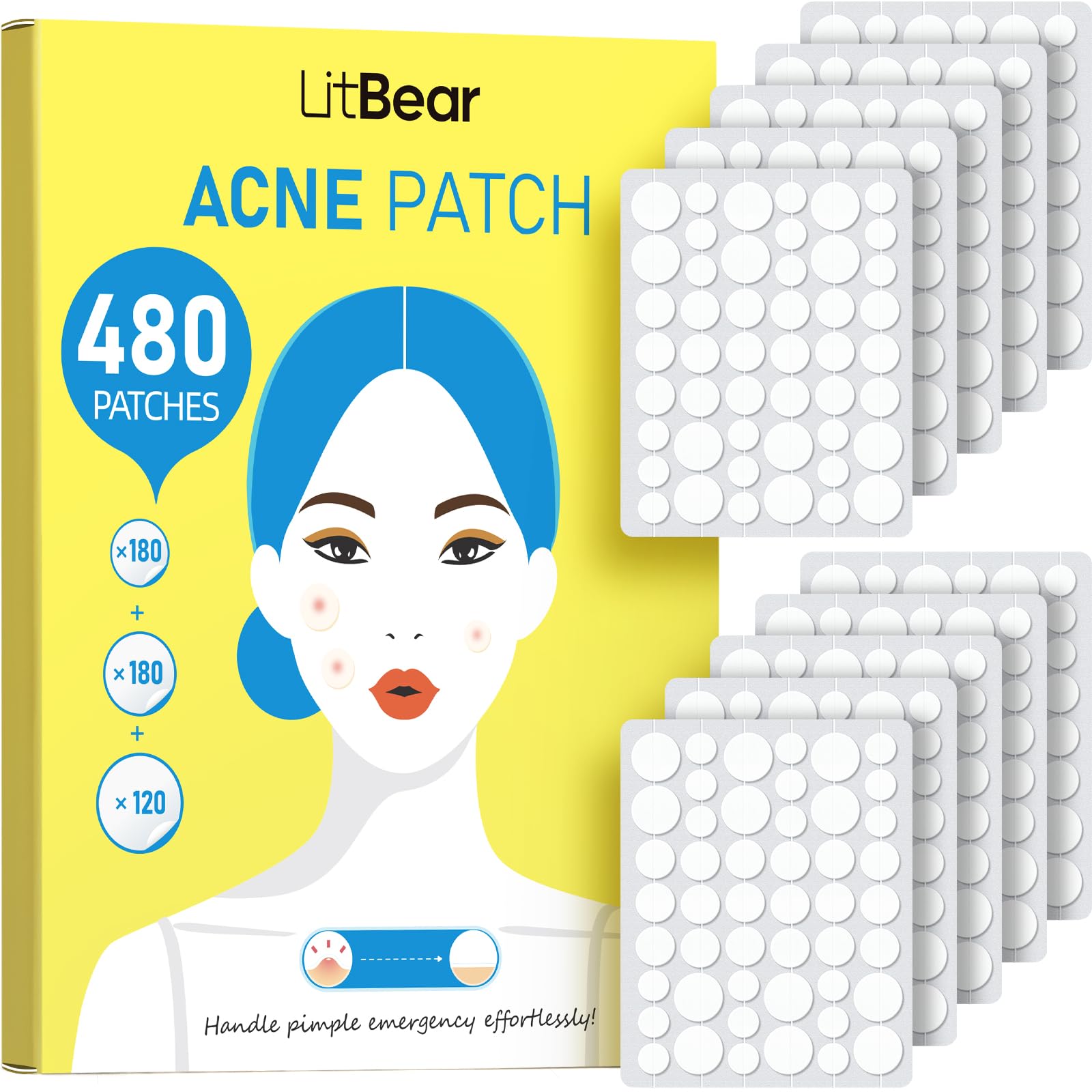 LitBear Pimple Patch Bulk, 480 Patches 3 Size Acne Patches for Face | Hydrocolloid Spot Stickers for Covering Zits, Blemishes, and Breakouts, Suitable for All Skin Types
