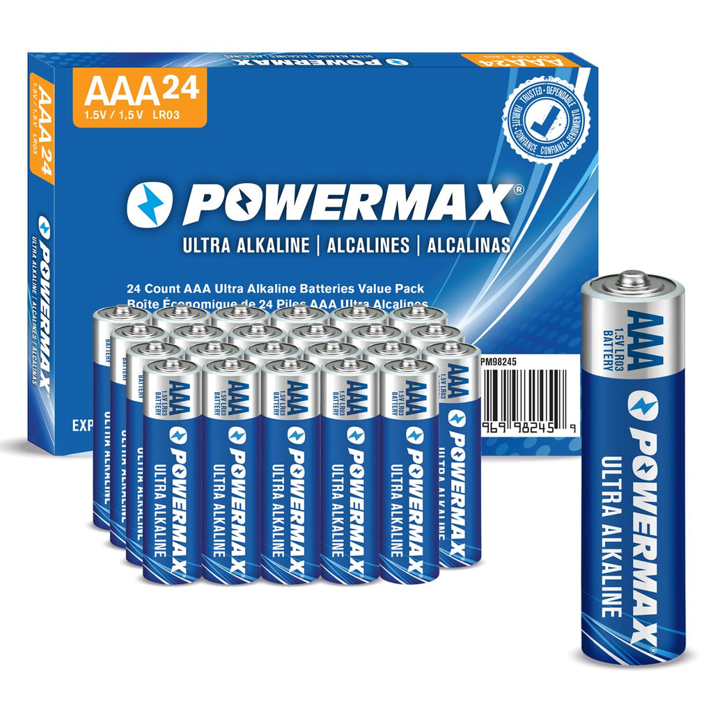 Powermax 24-Count Triple AAA Batteries, Ultra Long Lasting Alkaline Battery for Home and Office, 10-Year Shelf Life, Reclosable Packaging