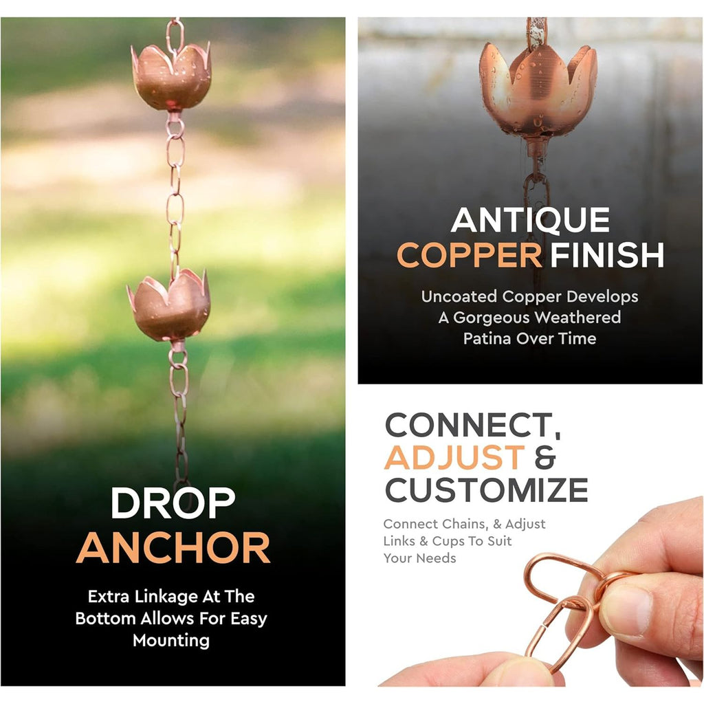 Buy now Copper Rain Chain – Decorative Chimes & Cups Replace Gutter Downspout & Divert Water Away from Home for Stunning Fountain Display – 8.5’ Long for Universal Fit – Flower Style at indiglob india