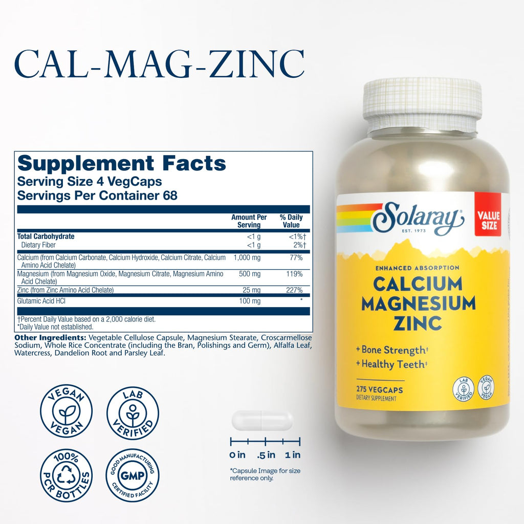 SOLARAY Calcium Magnesium Zinc, 275 VegCaps | Bone, Muscle, Heart & Immune Support, Calcium, Magnesium & Zinc Complex, 68 Servings, Vegan, Lab Verified