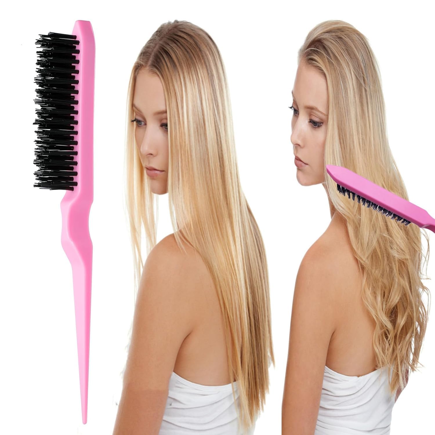 6PCS Hair Styling Tools Kit, Boar Bristle Wooden Brush, Rat Tail Metal Pin Parting Comb Edge Control Brush,Bristle Teasing Hair Brush Topsy Tail Loop Tools for Women Braiding & Edge Styling