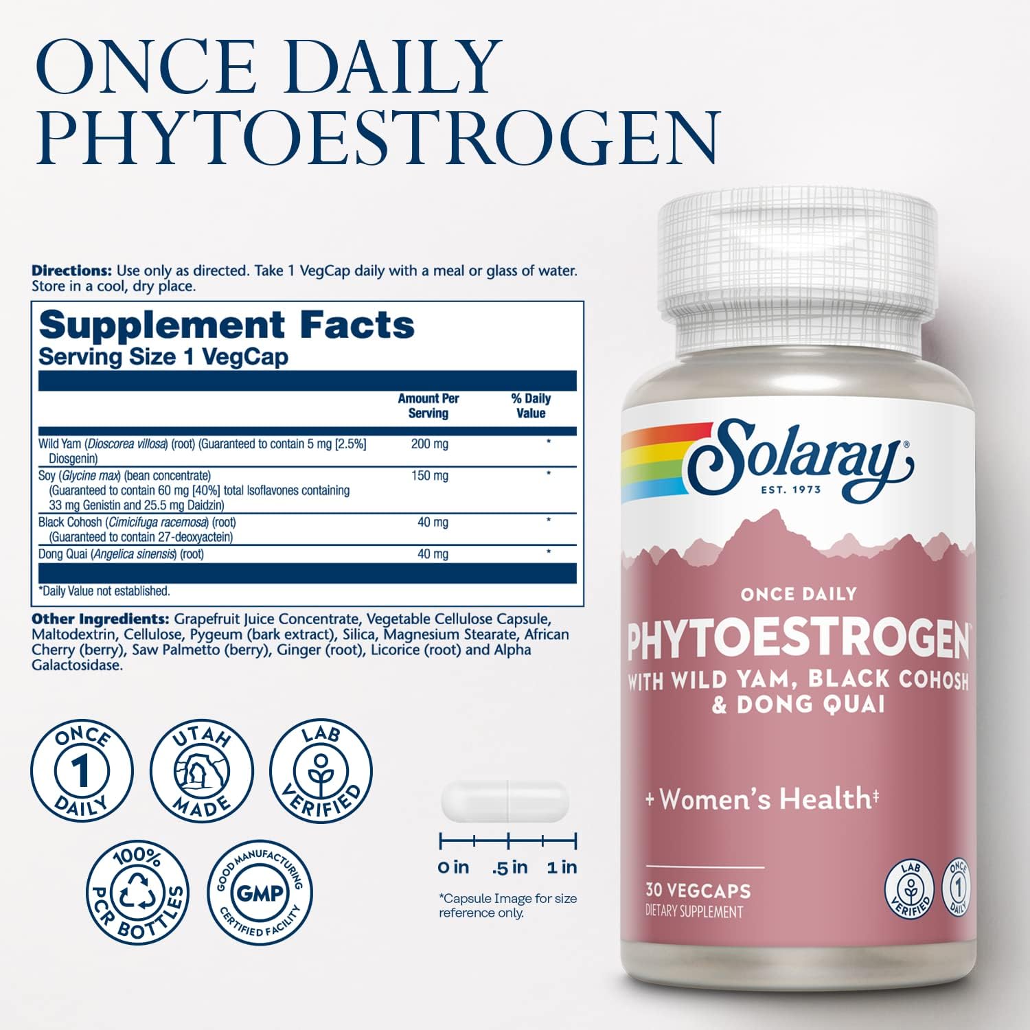 Buy now SOLARAY Once Daily Phytoestrogen - Phyto Estrogen Supplement for Women with Black Cohosh, Dong Quai, Wild Yam, Soy Isoflavones - Women's Health Support - 60-Day Guarantee, 30 Servings, 30 VegCaps at indiglob india