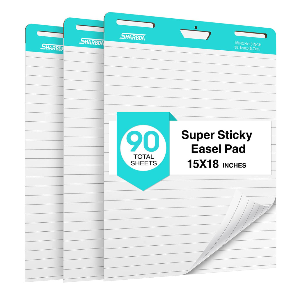 Lined Sticky Easel Pad, 15 * 18 inch,Self-Stick Flip Chart Paper, Super Adhesive & Bleed-Resistant,Micro-Perforated Tear,Classroom Teacher Office Presentation Pads,3 Pads/Pack,90Sheets