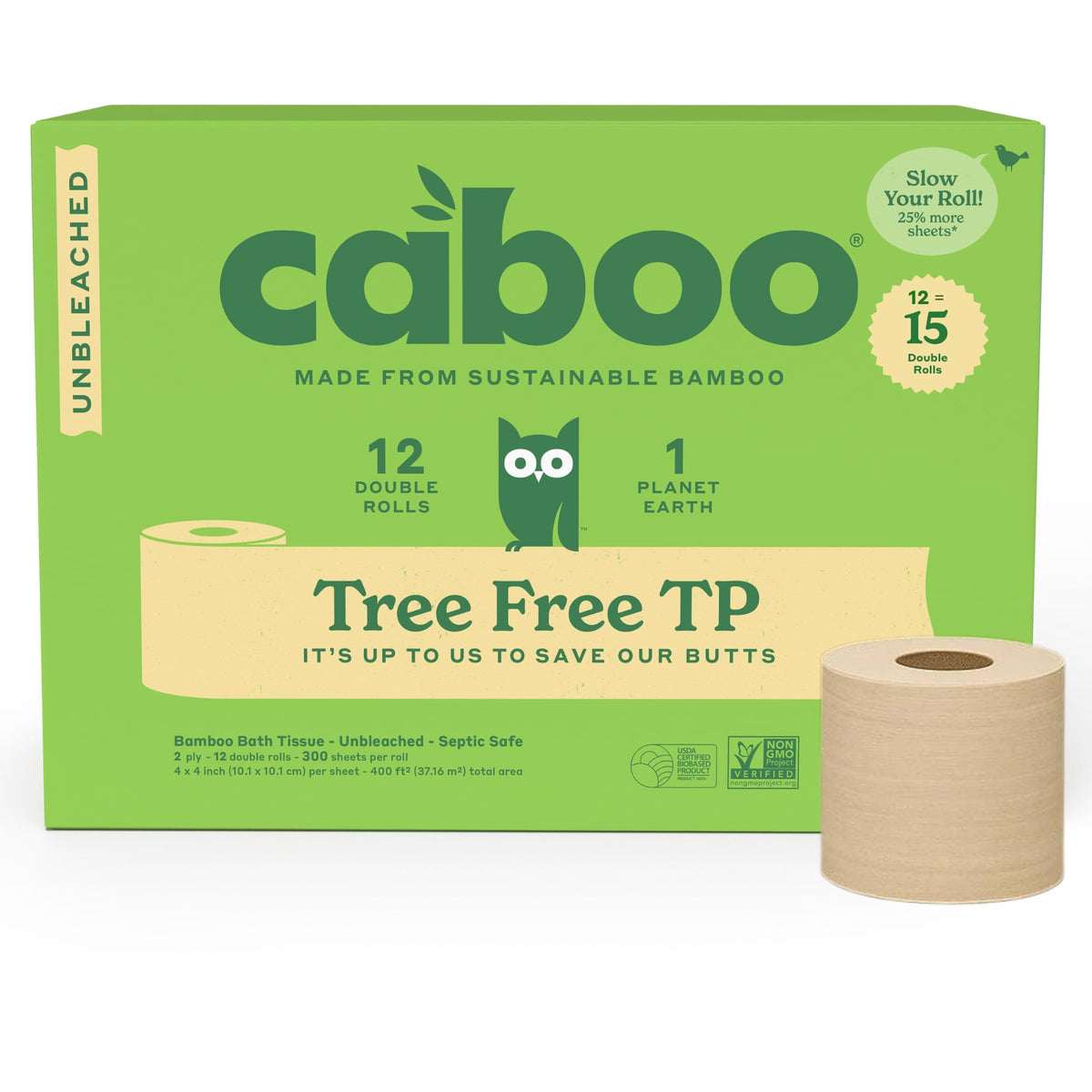 Caboo Tree Free Toilet Paper, Unbleached, Plastic Free, 12 Rolls