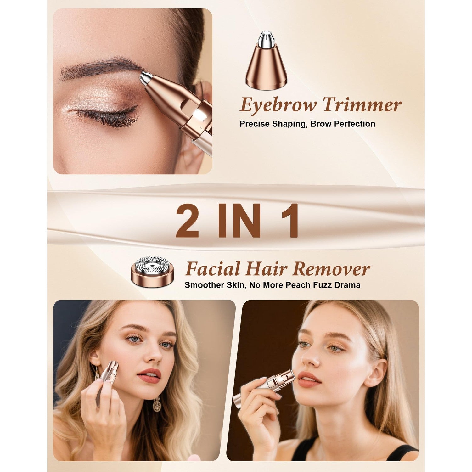 Eyebrow Trimmer Facial Hair Removal for Women: 2 in 1 Rechargeable Face Shaver and Eyebrow Razor - Painless Electric Hair Remover Device for Peach Fuzz Fine Hairs Upper Lip Chin