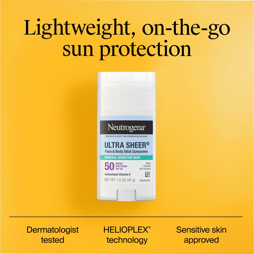 Neutrogena Ultra Sheer Mineral Sunscreen Stick SPF 50, 1.5 oz | Sensitive Skin, Zinc Oxide, Face & Body Sunscreen, Vitamin E, No White Residue, Vegan