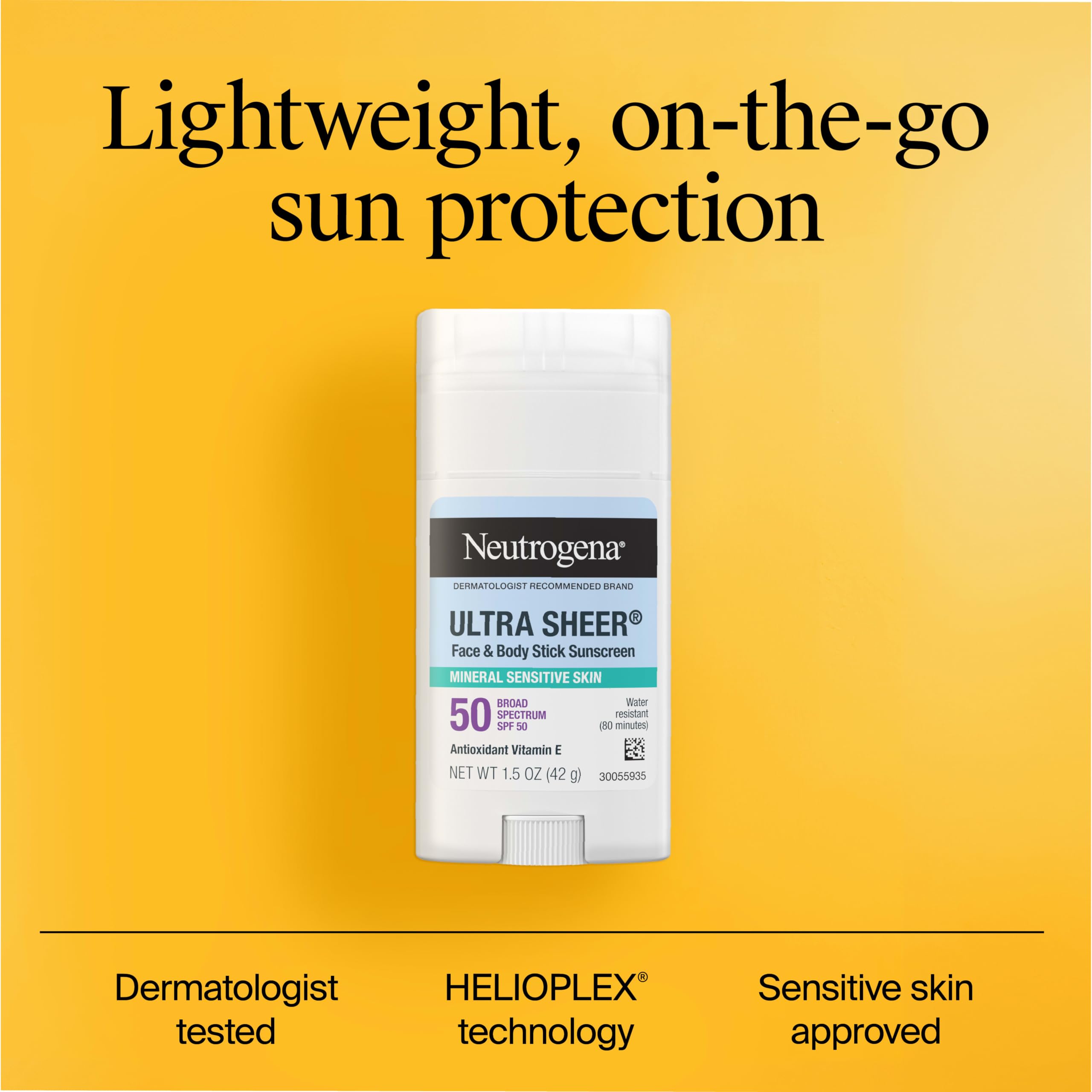 Neutrogena Ultra Sheer Mineral Sunscreen Stick SPF 50, 1.5 oz | Sensitive Skin, Zinc Oxide, Face & Body Sunscreen, Vitamin E, No White Residue, Vegan