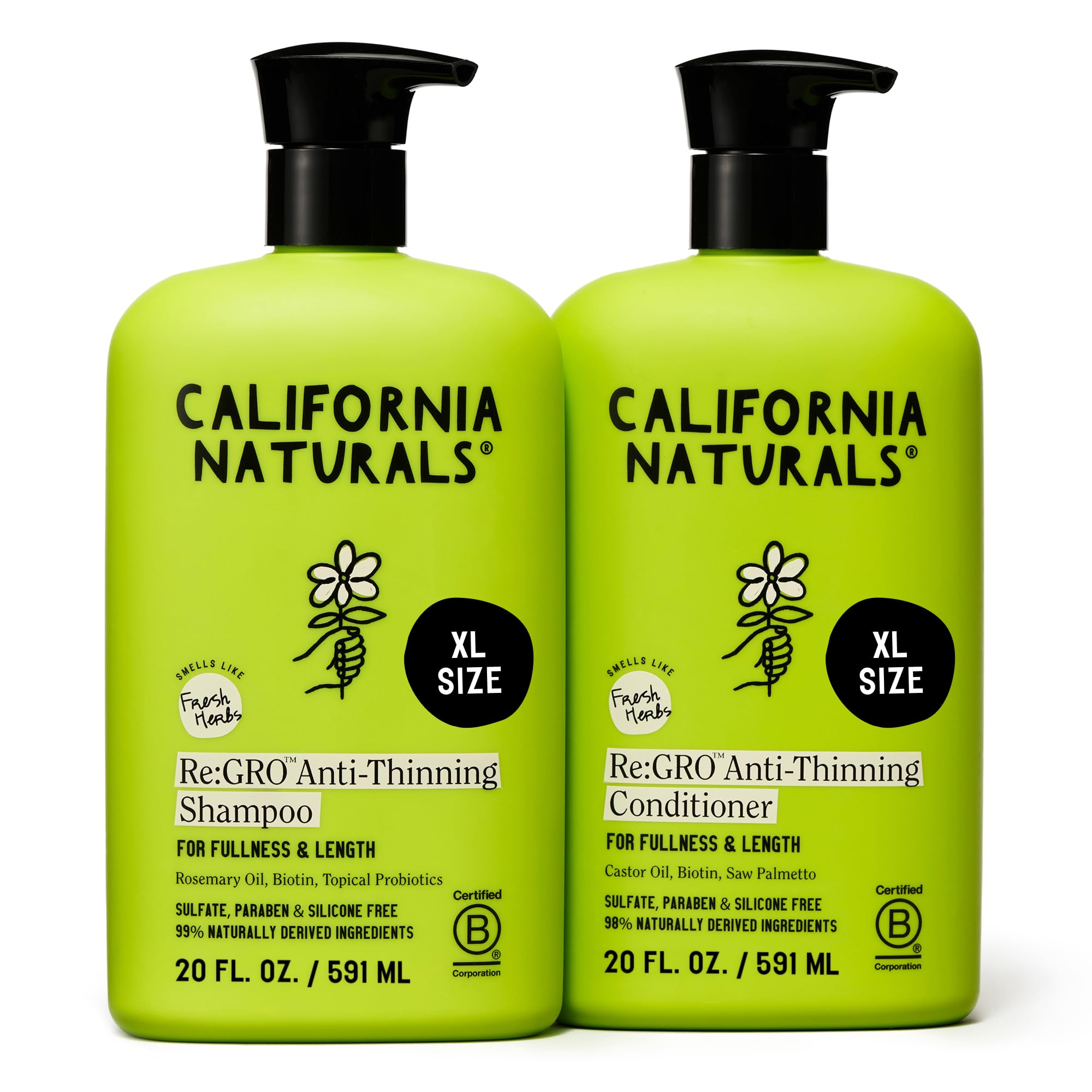 California Naturals Re:GRO Anti-Thinning Shampoo & Conditioner Set for Men, Biotin, Caffeine & Rosemary Oil, Hair Loss & Thinning Hair Support, Sulfate Free, 20 oz