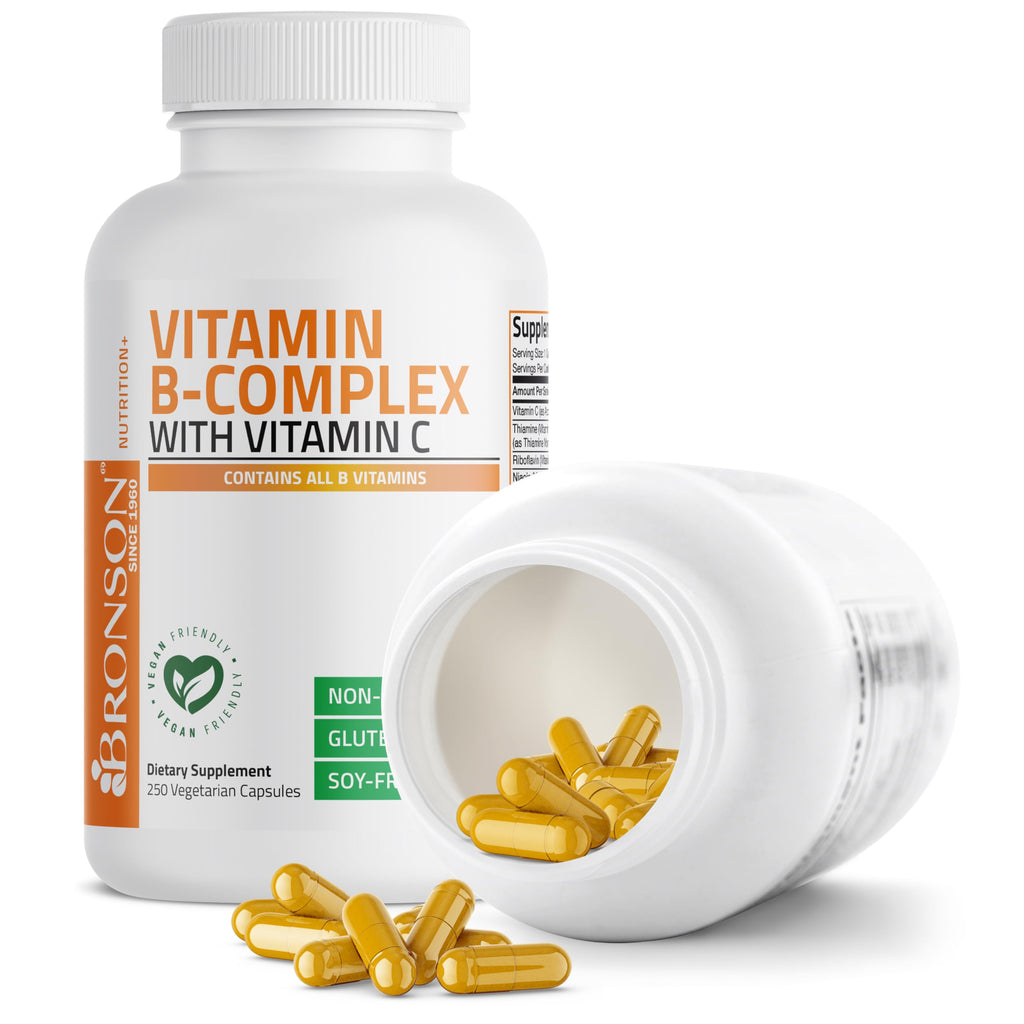 Bronson Vitamin B Complex with Vitamin C Vegetarian Capsules, 250 Count | Immune Health, Energy Support, Nervous System Support, Non-GMO, Soy-Free, Gluten-Free, Contains All B Vitamins