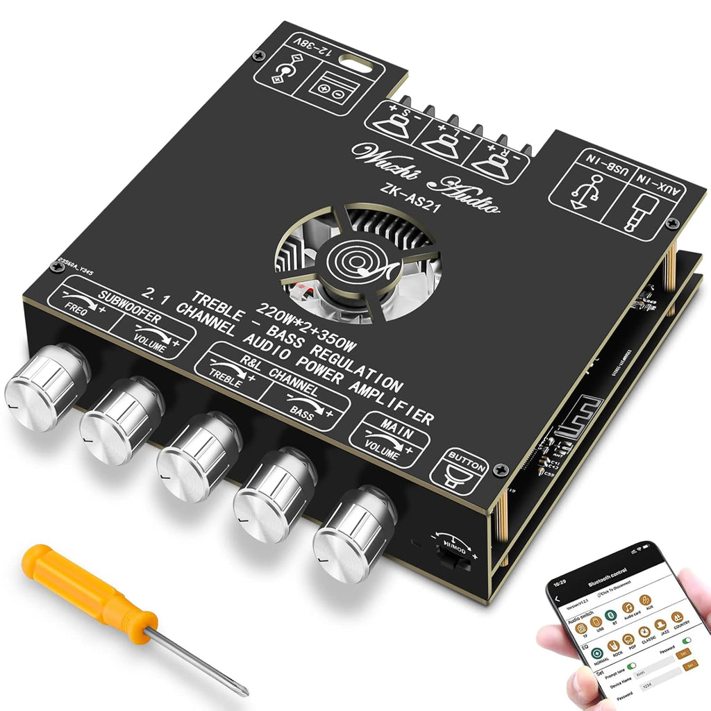 Buy now Bluetooth Power Amplifier Board Stereo - HiFi 2.1 Channel 2X220W+350W Bluetooth 5.1 16-32V Digital Power Audio Amplifier Module Subwoofer Control with AUX/Bluetooth/USB Flash Drive (ZK-AS21) at indiglob india