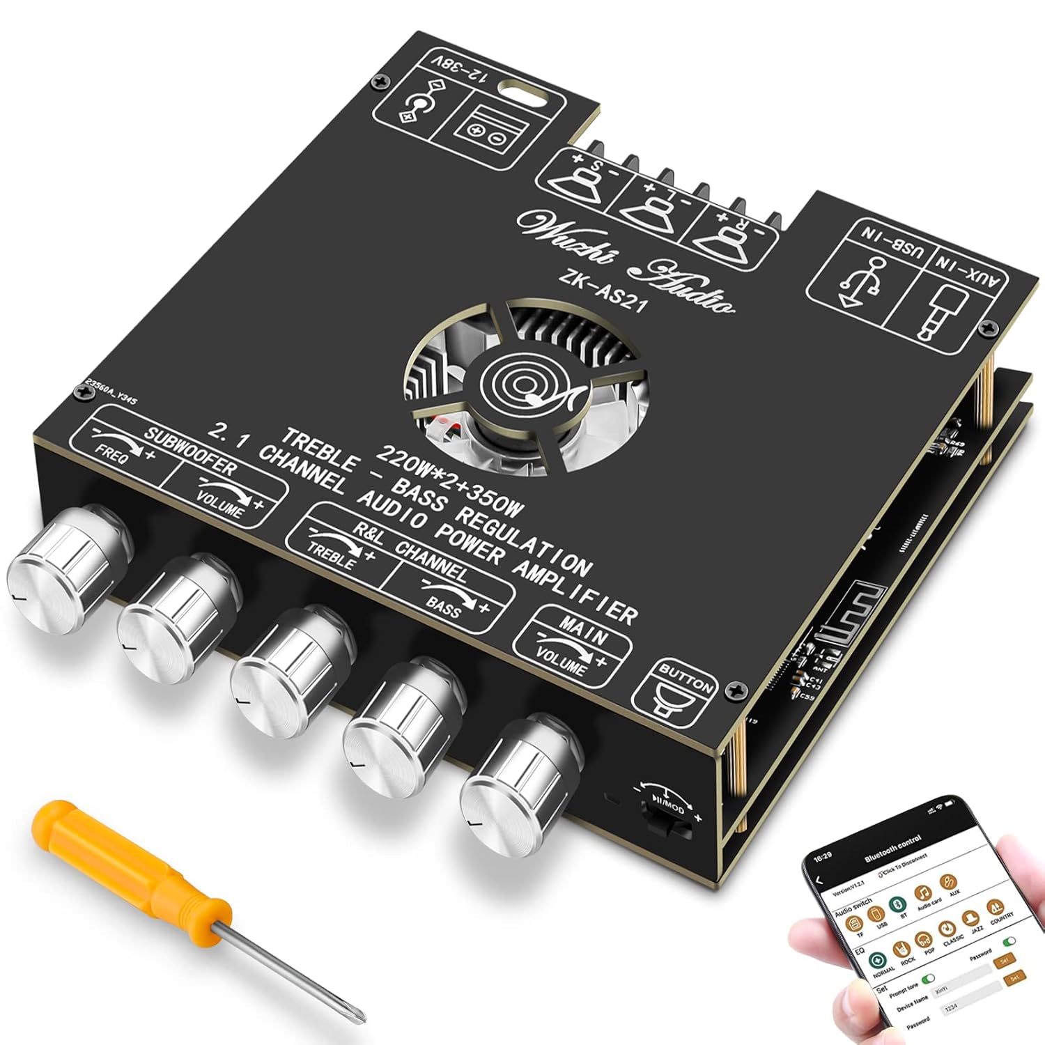 Buy now Bluetooth Power Amplifier Board Stereo - HiFi 2.1 Channel 2X220W+350W Bluetooth 5.1 16-32V Digital Power Audio Amplifier Module Subwoofer Control with AUX/Bluetooth/USB Flash Drive (ZK-AS21) at indiglob india