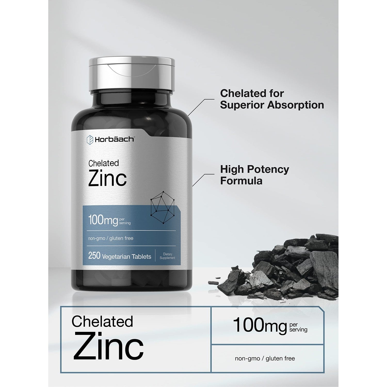 Horbäach Chelated Zinc Supplement 100mg | 250 Tablets | High Potency & Superior Absorption | Vegetarian, Non-GMO, Gluten Free