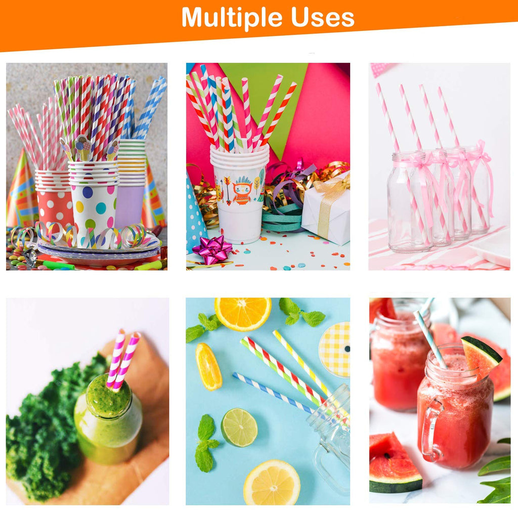 Weemium Paper Straws Disposable - 200 Pack - Durable & Non-Soggy Striped Paper Straws for Drinking in 10 Colors - 100% Biodegradable & Eco-Friendly for Parties, Events, Crafts & Everyday Use