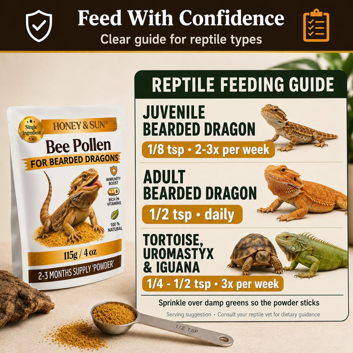 Organic Bee Pollen Powder for Bearded Dragons – HONEY&SUN 4oz Reptile Food