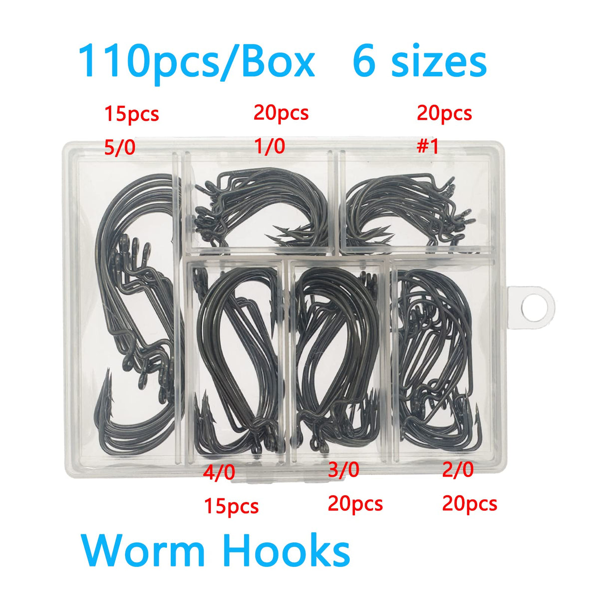 Afmivs Worm Hooks for Bass Fishing Hooks, 110pcs Bass Hooks Fishing, 6 Sizes Fishing Hooks Freshwater, Eagle Claw Hooks #1 1/0 2/0 3/0 4/0 5/0 Black High Carbon Steel with Portable Plastic Box