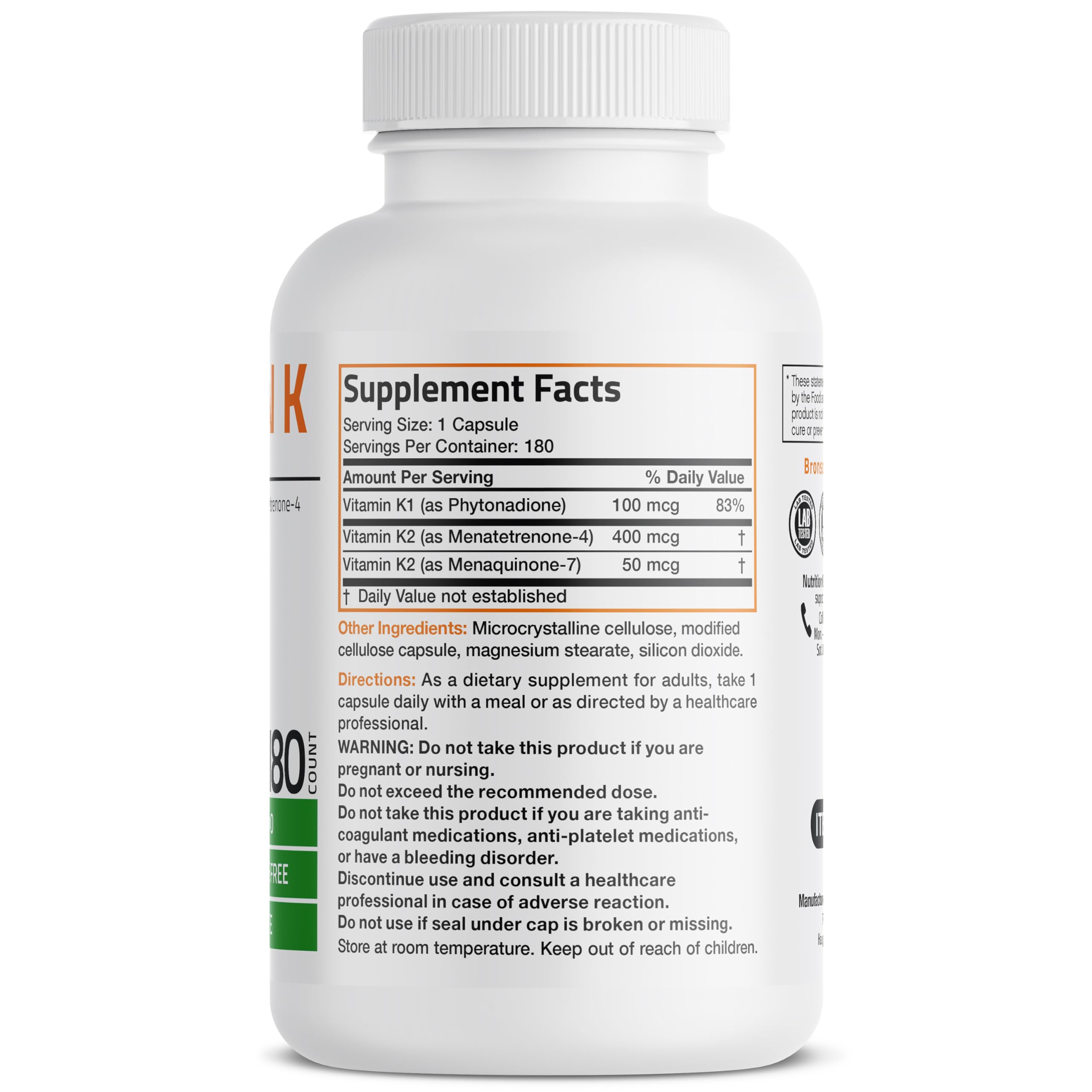 Bronson Vitamin K Triple Play Full Spectrum K1 & K2 MK-4/MK-7, 180 Capsules | 550 mcg Total Vitamin K: 100 mcg K1 + 450 mcg K2, Strong Bone Support, Non-GMO & Gluten-Free